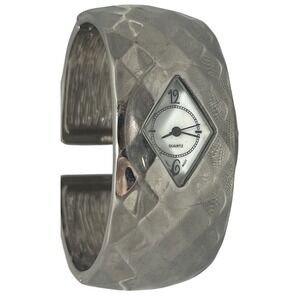 Quartz Bangle Cuff Wristwatch Silver Tone Diamond Shaped Dial Untested